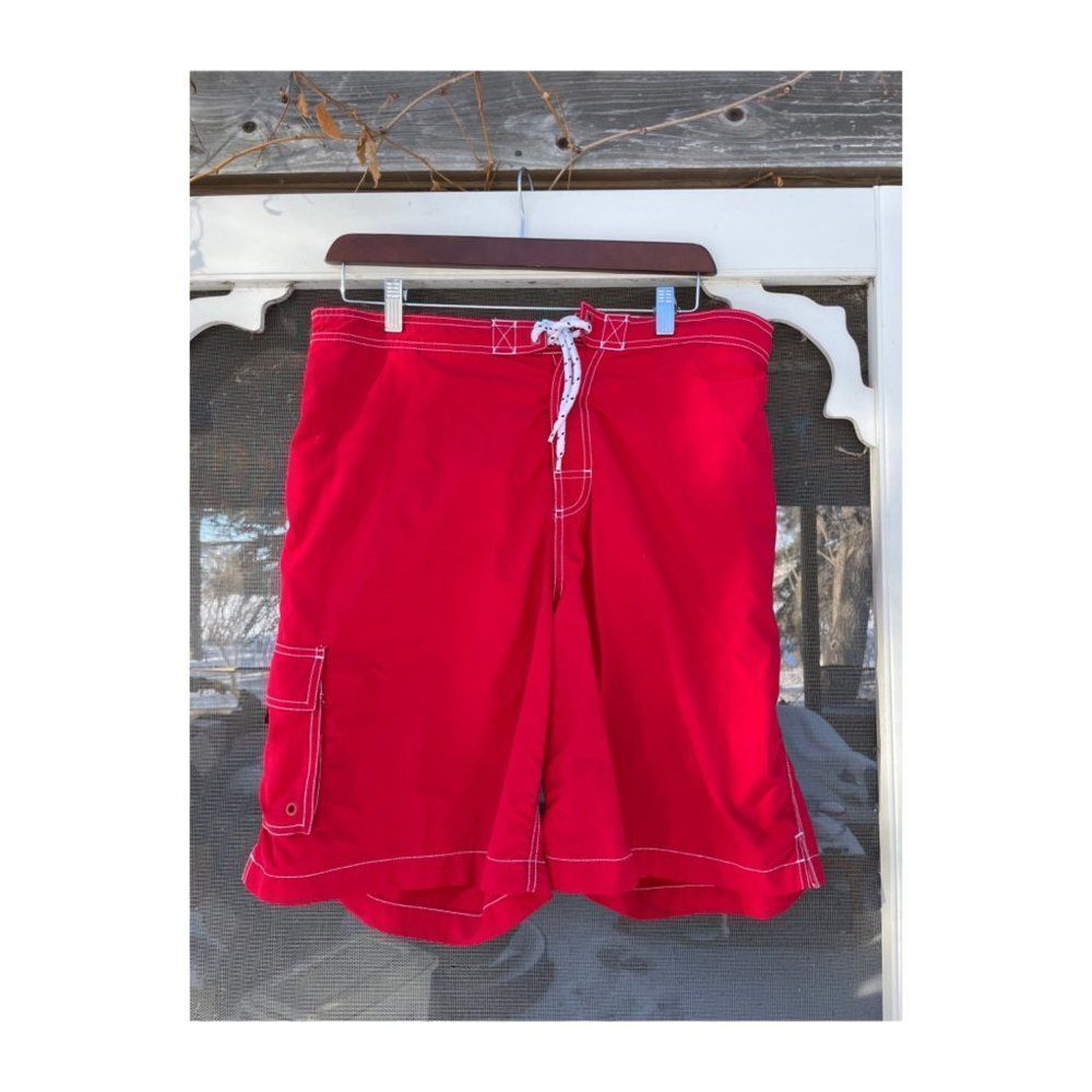 Lands End Swim Shorts Trunks Red Black Lined Sz L